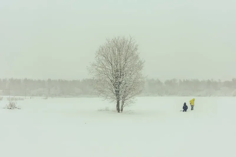 Two children in yellow and navy coats play beside a bare tree in a snow-covered field during a Helsinki snowfall.