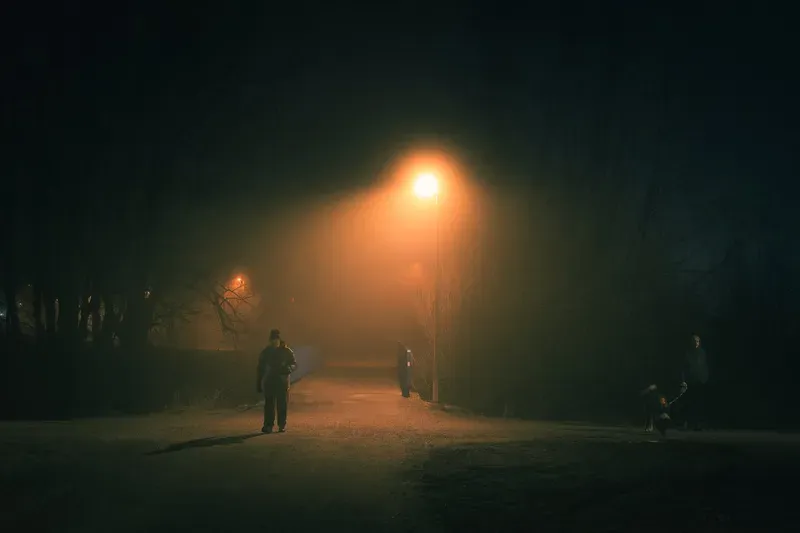 A man in a dark coat and orange-red beanie walks toward the camera on a foggy path near a bridge railing, another figure and a dog visible behind him.