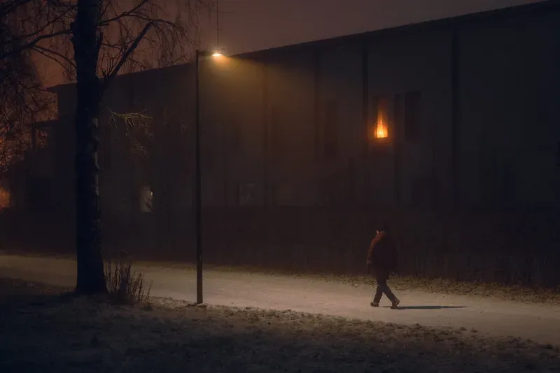A lone figure walks a dark path beneath bare trees, a streetlamp glowing faintly in heavy fog.
