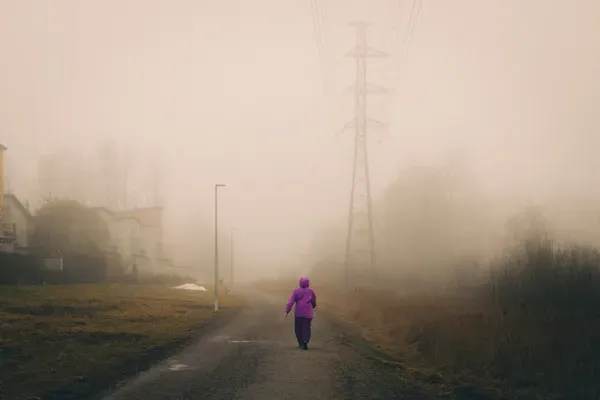 A person in a purple jacket walks away down a foggy road past a power line tower and rows of houses.