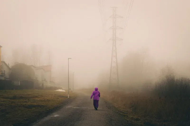 A person in a purple jacket walks away down a foggy road past a power line tower and rows of houses.