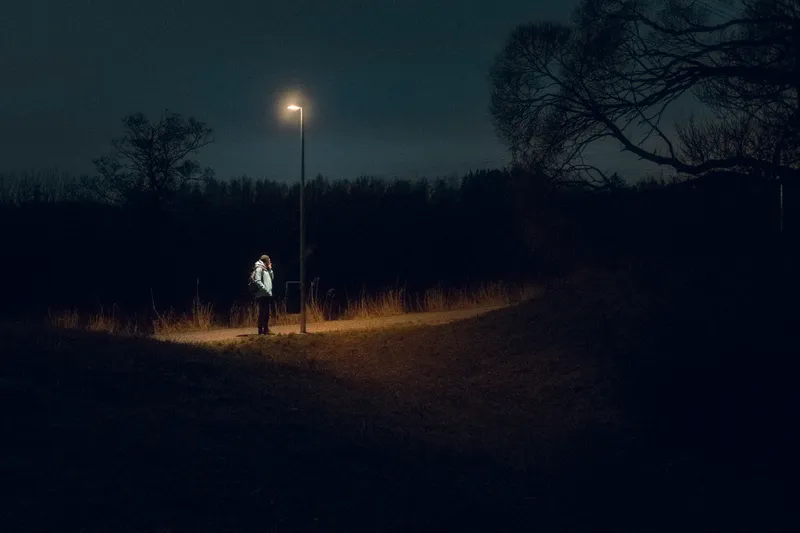 A person pauses beneath a single streetlamp on a path cutting through dark fields and forest at night.