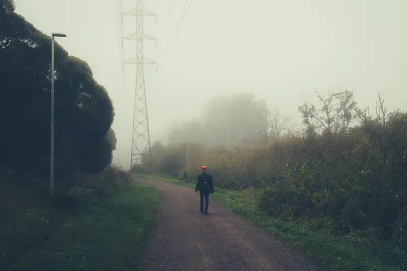 A man in an orange beanie walks away down a hazy gravel path lined with green bushes and a power line pylon.