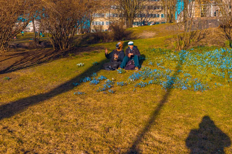 Two people sit on a sunlit grassy slope among blue spring flowers, one wearing a horse mask and waving toward the camera.