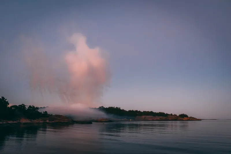 A plume of pink-lit smoke or fog rises over a dark, tree-lined rocky coastline at dusk.