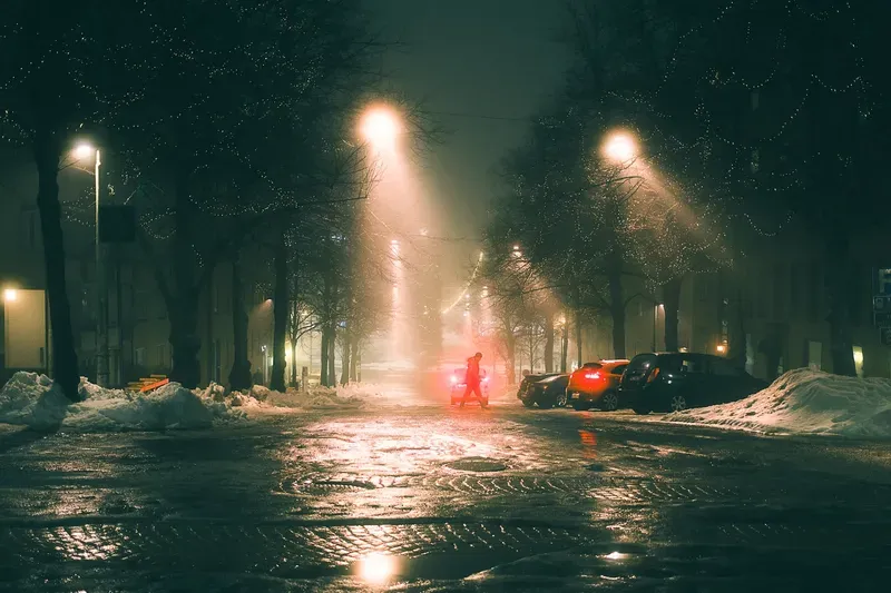 A person walks beside a car's glowing red taillights on a wet street lined with Christmas-lit trees and parked cars.