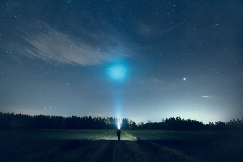 A lone figure stands on a dirt road beneath a glowing, star-filled night sky bordered by dark pine trees.