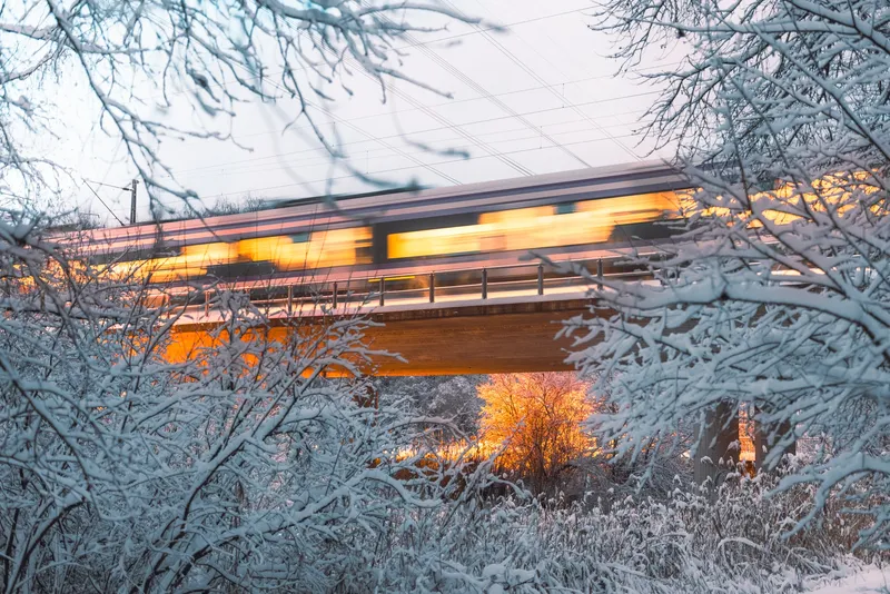 A train blurs across a snow-covered bridge, framed by frosted branches with golden light glowing in the trees below.