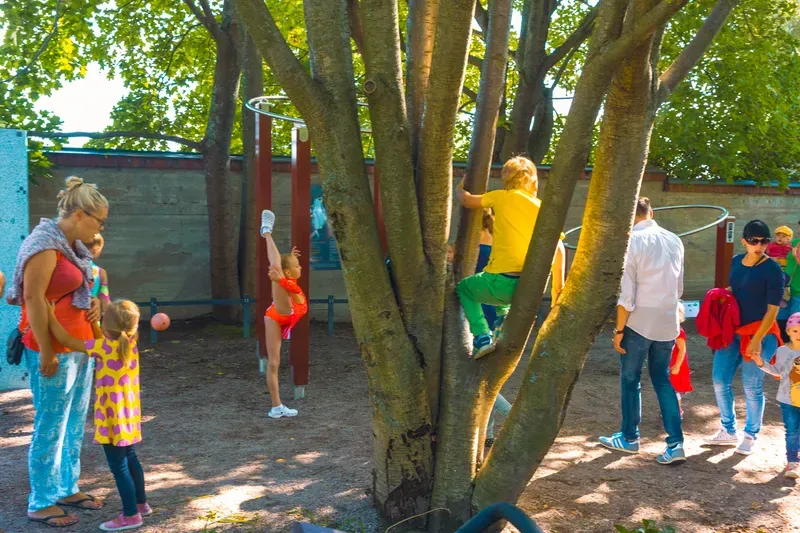 At a sunny playground a girl in an orange leotard stretches one leg straight up beside a tree, a boy in yellow climbing its trunk and a child in a heart-print dress watching.