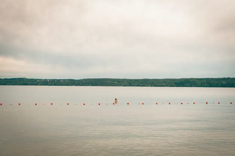 A lone swimmer's head is just visible in a still, pale lake marked by a line of buoys.