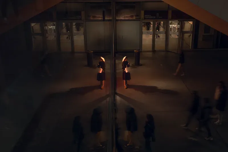 Two women are doubled in a mirrored corridor, their reflections multiplying as passersby blur in the background.