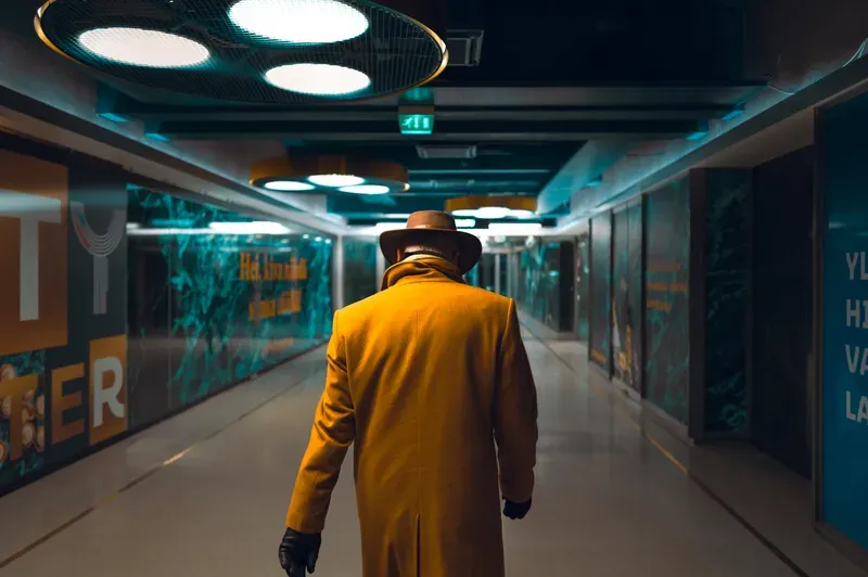 A man in a yellow coat, hat, and gloves walks away down a teal-lit underground corridor lined with marble panels and signage.